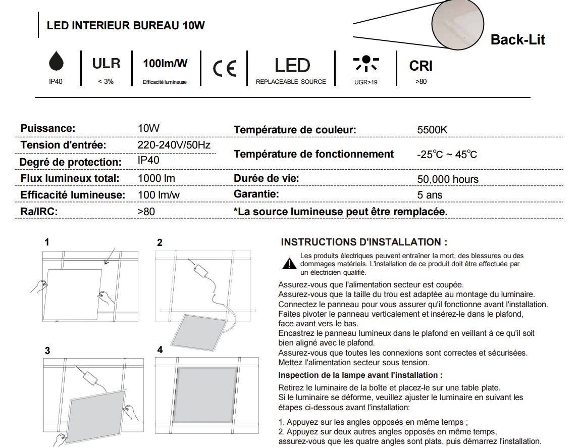 Panneau lumineux monté au plafond